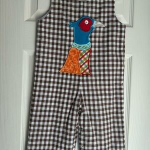 Boys Brown Checkered Romper Pheasant Appliqué  18 Months